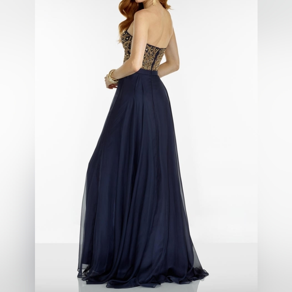 Sz 18 Alyce Paris 6573 Navy Chiffon Strapless Sweetheart Gown Gold Citrine Stone - Picture 2 of 12